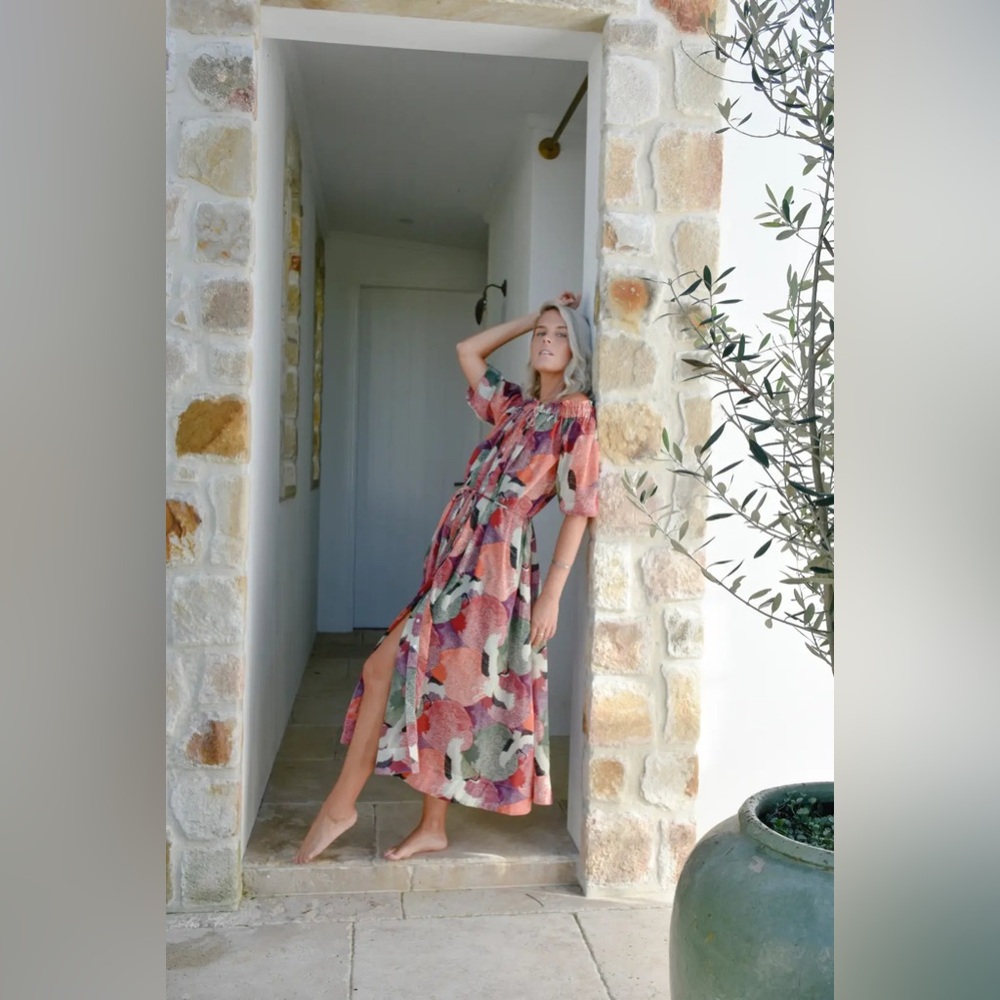 KOPAL RANI MAXI DRESS MULTI-COLOR PELICAN Chiffon Print  Maxi Dress Size XS NWT